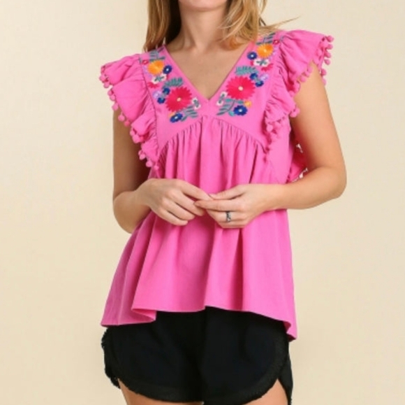 New Umgee Pink Floral Embroidered Ruffle Blouse - Picture 1 of 5